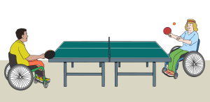 Das Bild zeigt zwei Personen, die gemeinsam Tischtennis spielen. Sie sind beide im Rollstuhl.