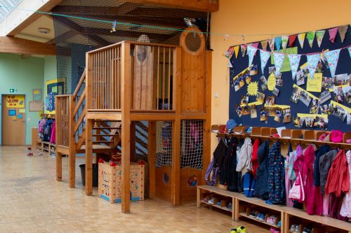 Das Bild zeigt den Eingangsbereich der integrativen Kindertagesstätte mit Garderoben, bunten Kinderjacken und einer hölzernen Spielebene.