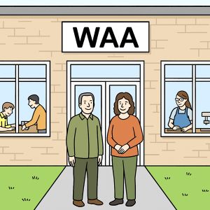 Das Bild zeigt Personen vor und in der Werkstatt für angepasste Arbeit.