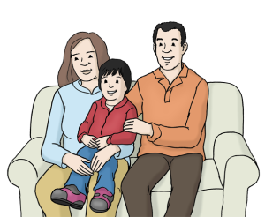 Das Bild zeigt eine Familie mit einem Kind, die gemeinsam auf einem Sofa sitzen und sich freuen.