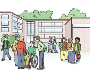 Das Bild zeigt Kinder und Jugendliche auf dem Schulhof einer Schule.