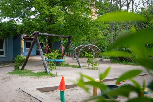 Das Bild zeigt den Außenspielbereich der Kindertagesstätte mit Schaukeln, Klettergerüst und Sandkasten in grüner Umgebung.