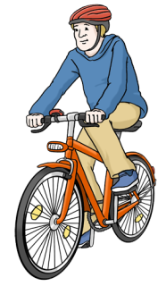 Auf dem Bild fährt eine Person mit dem Fahrrad und trägt dabei einen Helm – das ist sicher und gesund.