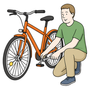 Auf dem Bild sieht man einen Mann, der ein Fahrrad repariert.