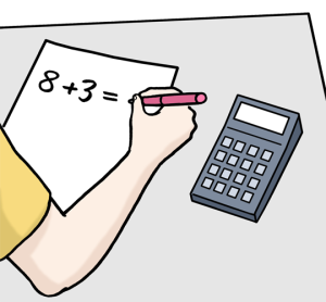 Das Bild zeigt ein Blatt Papier mit Zahlen und eine Person die davor sitzt und versucht eine Rechnung zu lösen. Ein Taschenrechner liegt daneben.