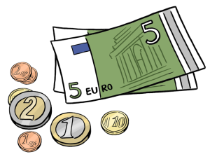 Auf dem Bild liegen ein paar Geldscheine und Münzen – es ist nur wenig Geld.