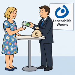 Das Bild zeigt einen Mann der Geld an eine Frau übergibt.