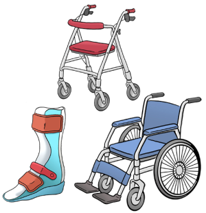 Das Bild zeigt Hilfsmittel wie einen Rollator, einen Rollstuhl und eine Schiene für das Bein.