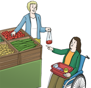 Auf dem Bild kauft eine Frau im Rollstuhl mit Unterstützung Obst und Gemüse ein – sie bekommt Hilfe beim Einkaufen.