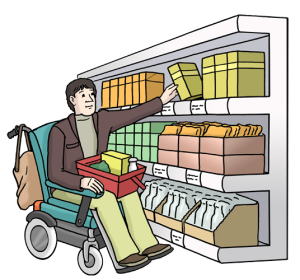 Auf dem Bild kauft eine Person im Rollstuhl selbstständig im Supermarkt ein.