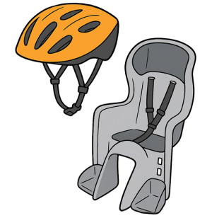 Auf dem Bild sieht man einen Fahrradhelm und Kindersitz für Fahrräder.