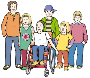 Auf dem Bild stehen mehrere Kinder – eines sitzt im Rollstuhl. Alle gehören zusammen.