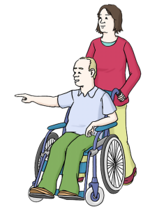 Auf dem Bild sieht man eine Frau, die einen Rollstuhlfahrer schiebt.