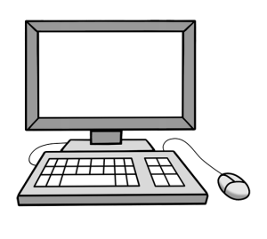 Auf dem Bild sieht man einen Computer mit Bildschirm, Tastatur und Maus – damit kann man arbeiten oder im Internet surfen.