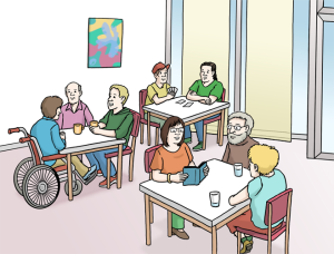 Das Bild zeigt Menschen in einem Treffpunkt. Sie trinken etwas, reden oder spielen zusammen. Alle haben Spaß.
