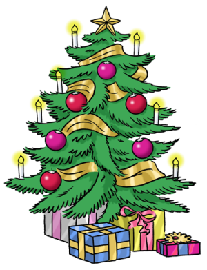 Das Bild zeigt einen geschmückten Weihnachtsbaum mit Geschenken.