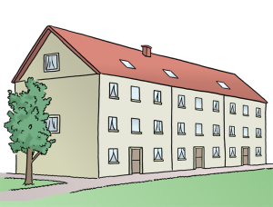 Das Bild zeigt ein großes Wohnhaus mit mehreren Eingängen und Fenstern – dort leben wahrscheinlich viele Menschen.