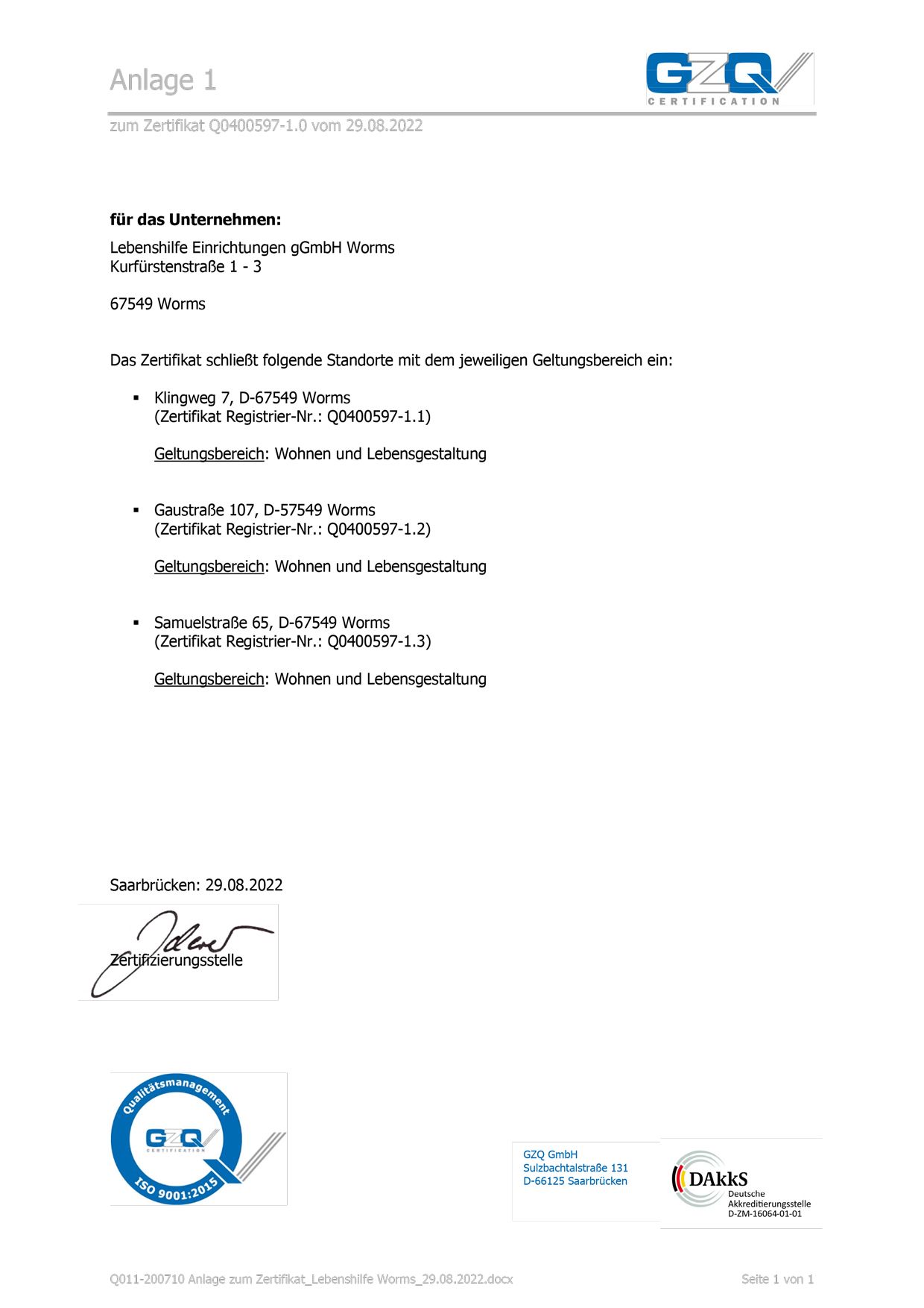 Zertifikat ISO 9001 Anlage