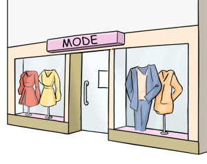 Auf dem Bild sieht man ein Modegeschäft mit Schaufenstern – dort kann man Kleidung kaufen.