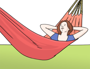 Auf dem Bild liegt eine Frau entspannt in einer Hängematte – sie macht eine Pause und ruht sich aus.
