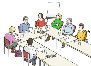 Das Bild zeigt eine Besprechung. Viele Menschen sitzen an einem Tisch. Sie reden gemeinsam über ein Thema.