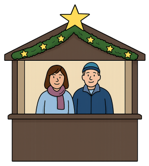 Das Bild zeigt einen Weihnachtsmarktstand mit zwei Personen darin.
