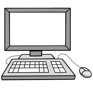 Auf dem Bild sieht man einen Computer mit Bildschirm, Tastatur und Maus – damit kann man arbeiten oder im Internet surfen.