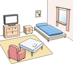 Das Bild zeigt ein gemütlich eingerichtetes Zimmer mit Bett, Sessel, Fernseher und Tisch.