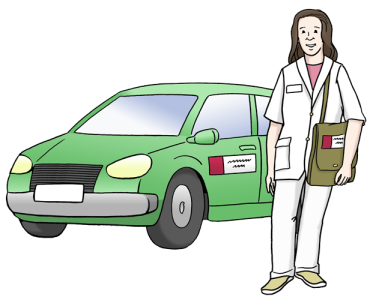 Eine Pflegerin steht vor einem grünen Auto. Sie arbeitet beim Pflegedienst.