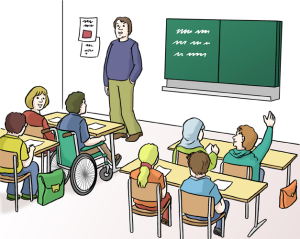 Das Bild zeigt eine Schulklasse mit Kindern und einer Lehrkraft im Unterricht.