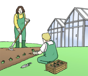 Das Bild zeigt zwei Menschen, die in einem Garten arbeiten.