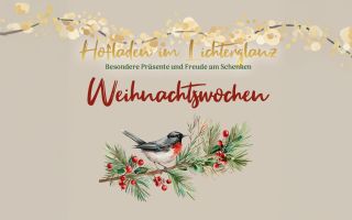 Auf dem Bild sieht man einen Vogel, der auf einem Ast sitzt. Es ist ein weihnachtliches Bild.