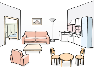 Das Bild zeigt eine barrierefreie Wohnung mit Wohnzimmer, Küche und Blick ins Schlafzimmer.