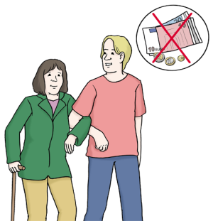 Auf dem Bild sieht man eine Person, die freiwillig einer Person mit Gehbehinderung hilft.