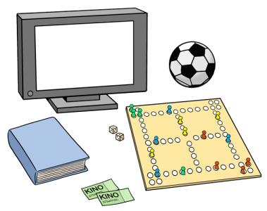 Freizeit: Ein Buch, Kinotickets, Brettspiel, Fußball und Computer.