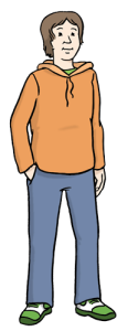 Ein jugendlicher trägt einen orangenen Pullover und eine Jeanshose.