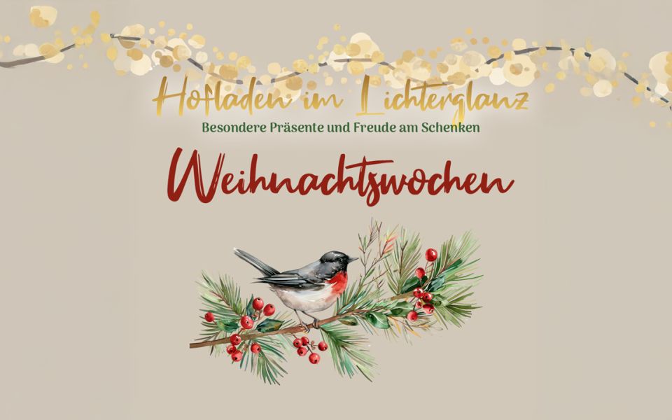 Auf dem Bild sieht man einen Vogel, der auf einem Ast sitzt. Es ist ein weihnachtliches Bild.