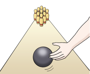 Das Bild zeigt eine Person beim Kegeln – die Kugel rollt auf die Kegel zu.