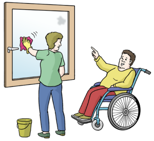 Auf dem Bild hilft eine Person im Rollstuhl dabei, jemandem beim Fensterputzen Anweisungen zu geben – sie arbeiten gemeinsam im Haushalt.