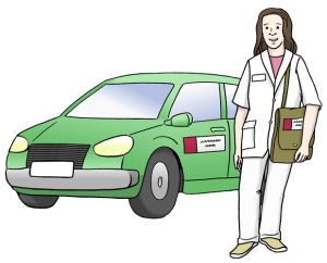 Das Bild zeigt eine Pflegekraft mit einem Auto vom Pflegedienst.