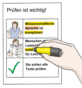 Auf dem Bild sieht man ein Dokument und eine Hand die wichtige Stellen im Text gelb markiert. Texte sollen geprüft werden, damit sie leicht zu verstehen sind.