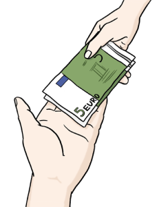 Auf dem Bild gibt eine Person einer anderen Geld in die Hand.