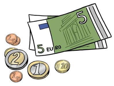 Auf dem Bild liegen ein paar Geldscheine und Münzen – es ist nur wenig Geld.