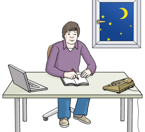 Das Bild zeigt eine Nachtwache, die am Schreibtisch sitzt und Notizen macht.