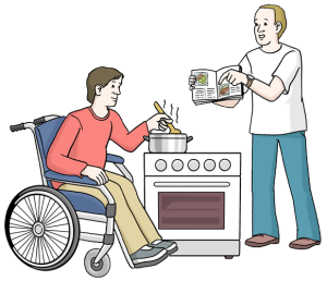 Auf dem Bild kocht eine Person im Rollstuhl, während eine andere Person ihr mit dem Kochbuch hilft – sie arbeiten gemeinsam in der Küche.