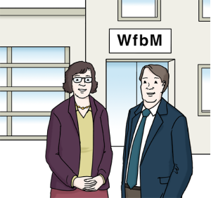 Auf dem Bild stehen zwei Personen vor einem Gebäude mit der Aufschrift „WfbM“ – sie gehören zur Leitung der Werkstatt für behinderte Menschen.