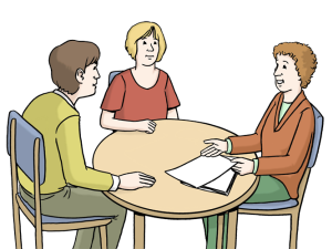 Das Bild zeigt drei Personen bei einem Beratungsgespräch an einem runden Tisch.