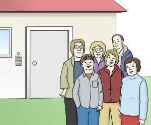 Das Bild zeigt eine Wohngruppe mit mehreren Menschen vor ihrem Wohnhaus.
