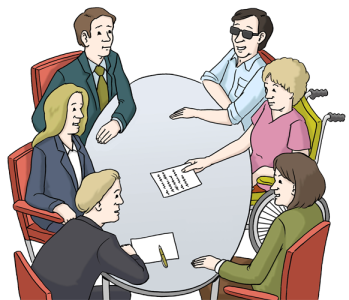 Verschiedene Personen sitzen am Tisch und besprechen etwas.