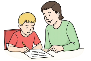 Auf dem Bild hilft eine Frau einem Kind beim Lernen.
